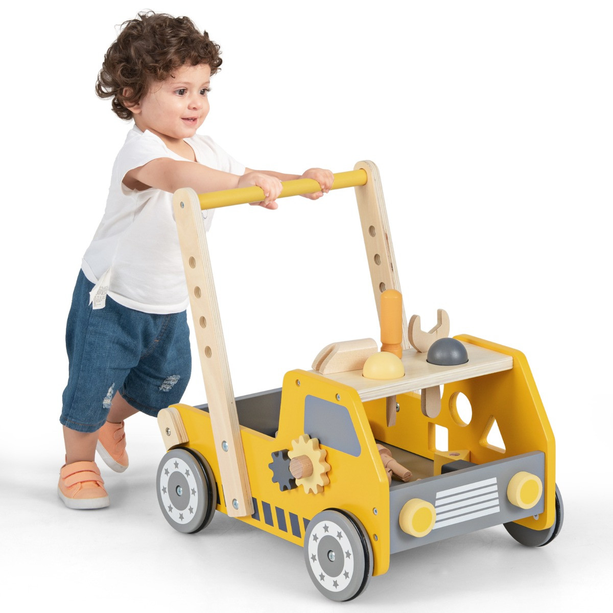 Costway 2-in-1 Houten Loopwagen met Multi-Activiteitencentrum en Werkbank voor Kinderen - Geel