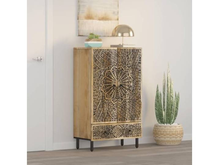 KTHLBRH Sideboard 60 x 33 x 100 cm Massivholz Mango Mit Türen, Eisenbeinen, handgeschnitztem Blumenmuster, viel Stauraum