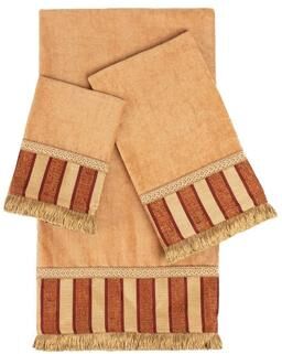 Sherry Kline Queue Coral 3-piece Decorative Towel Set, Jacquard Fabric Band, brush fringe trim 1 Bath Hand & Tip Towel