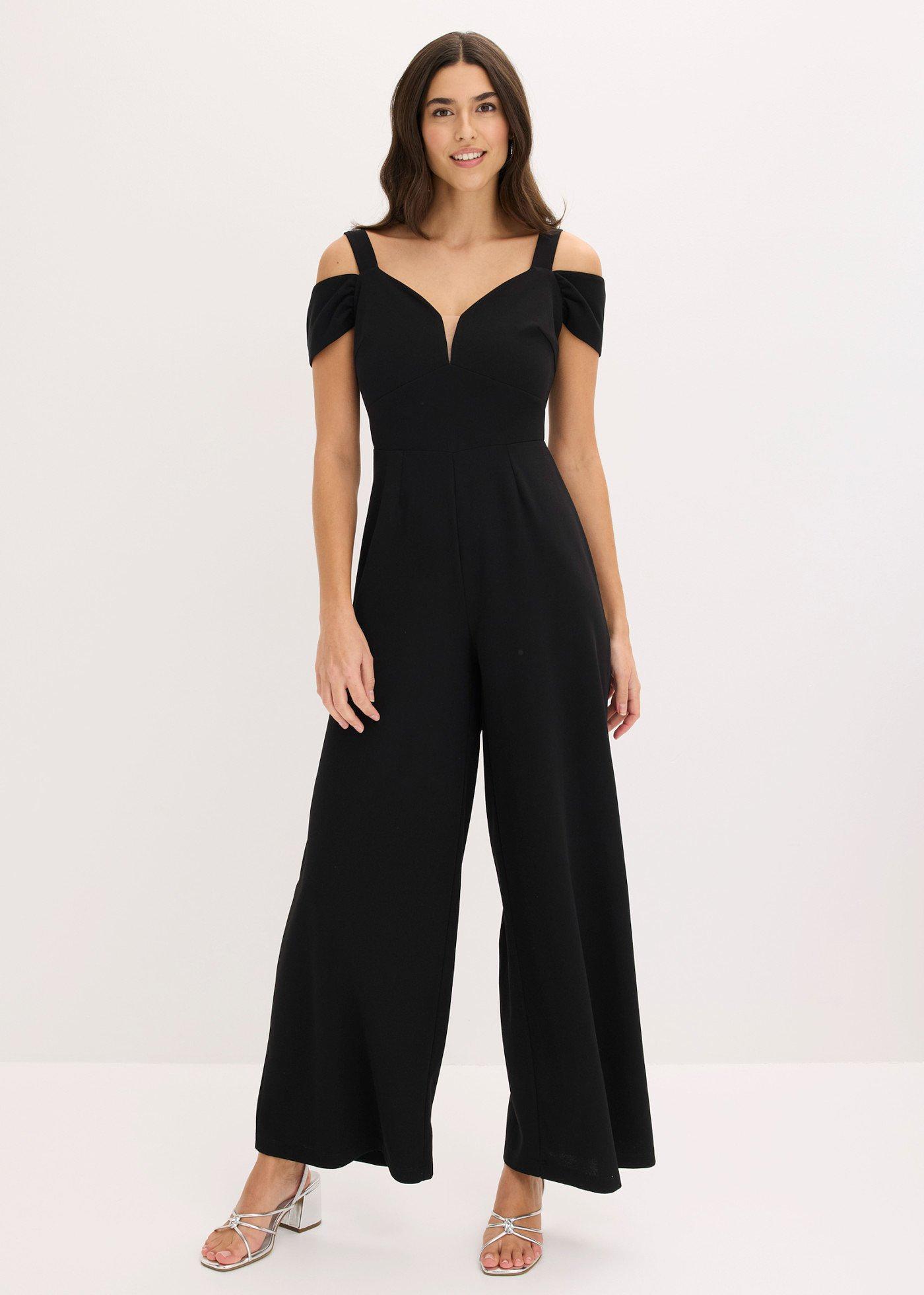 bonprix Overall aus strukturiertem Crepé, schwarz, Gr.42, Overall aus strukturiertem Crepé mit Trägern und Off-Shoulder-Detail