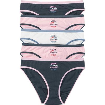 Slip BONPRIX "Slip (5er Pack)", Damen, Gr. 36/38 (S), 5 Stk., blau (blau, rosa, wollweiß bedruckt), Obermaterial: 95% Baumwolle, 5% Elasthan, Unterhosen Slip, mit dekorativen Bündchen in Kontrastfarbe, weiche Materialqualität