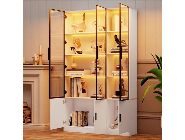 Vitrine haute blanche EVRYAE 120 x 32 x 200 cm 6 portes vitrées LED contrôlée par application MDF et verre
