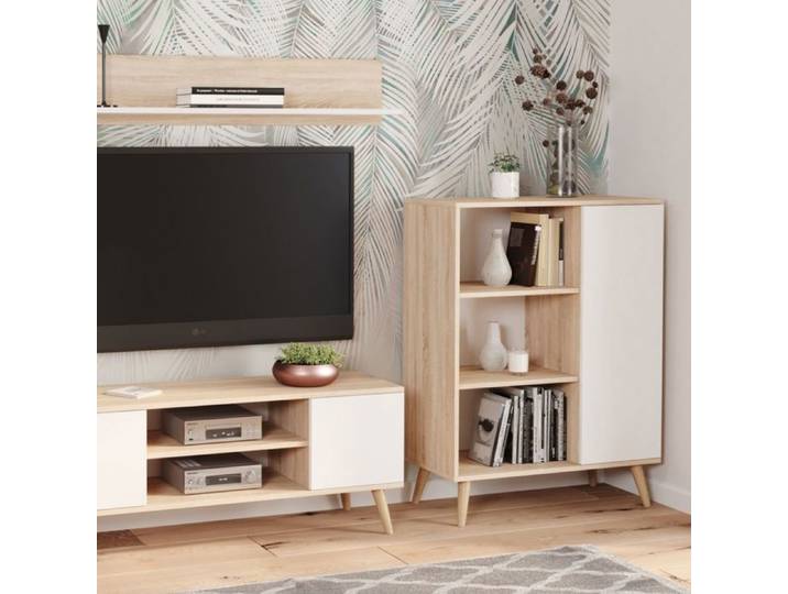 FONDI Meuble Buffet commode armoire 1 porte et 3 étagères - chêne sonoma / blanc - L 90 x P 40 x H 116cm