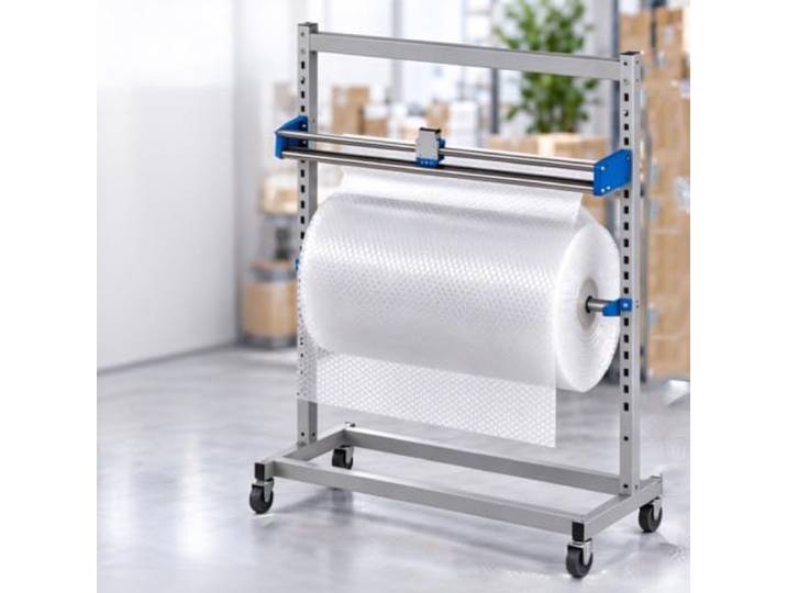 Luftpolsterfolienabroller, Geeignet Für Rollen Bis 640 Mm Breite, Einwellen-einschneider, Mobiler Rollenhalter Aus Stahl Mit Rollen, Für Luftpolsterfolie, Vliesstoff, Perlwatte Und Kraftpapier