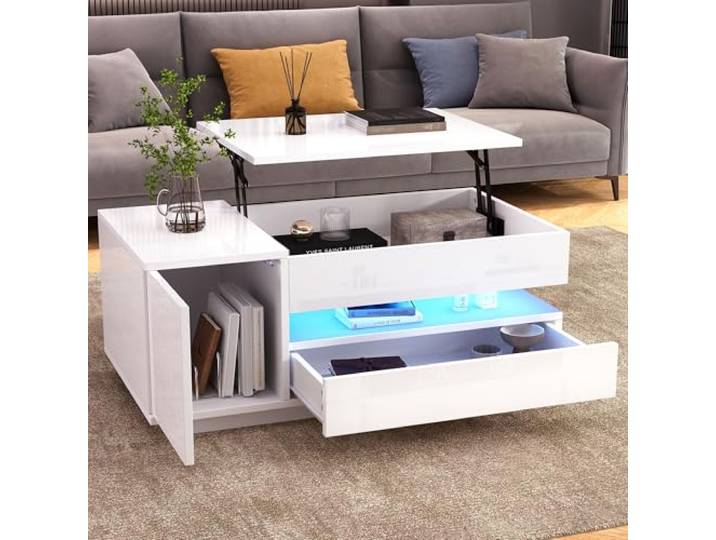 Merax Couchtisch Höhenverstellbar, Wohnzimmertisch Hochglanz mit Hebeplatte, Moderner Kaffeetisch mit LED, Sofatisch mit Schubladen, Schrank, Versteckte Stauraum, umwandelbar in Esstisch, Weiß