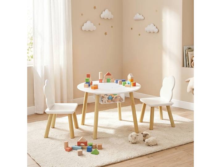 AIYAPLAY Table enfant bois blanc avec 2 chaises et sac rangement