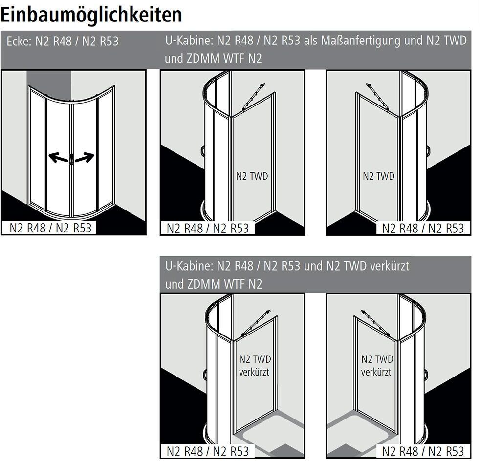 Kermi Nova 2000 Viertelkreis-Duschkabine R53 mit Gleittüren u. Festfeldern 80x90x185 cm, Duschkabinen, N2R53V211811K,