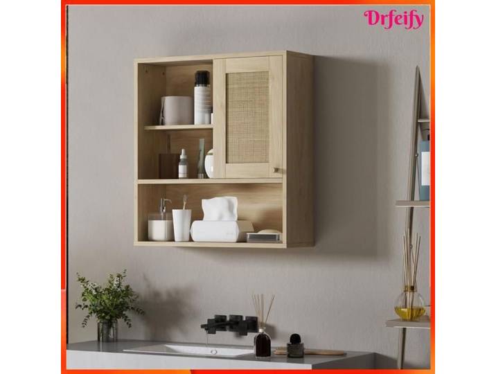 Armoire murale - AKOZON - 11161 - Porte coulissante rotin - 60x19 8x65 cm - Étagères ouvertes/fermées