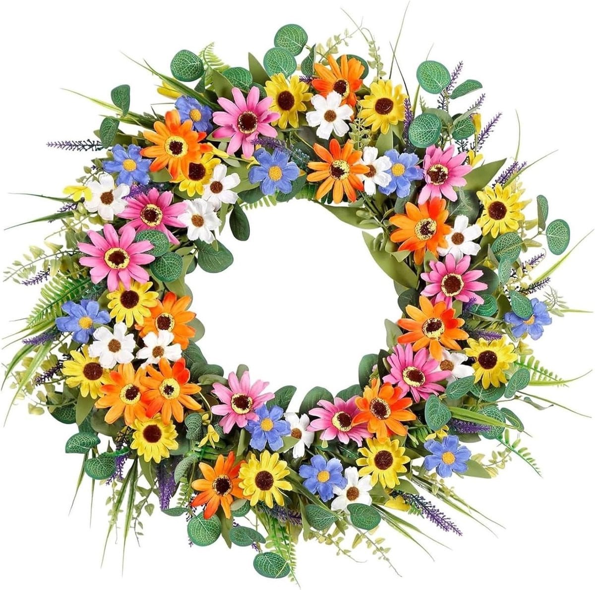 Kleurrijke bloemenkrans voor deurdecoratie met levensechte uitstraling - Diameter: 56 cm