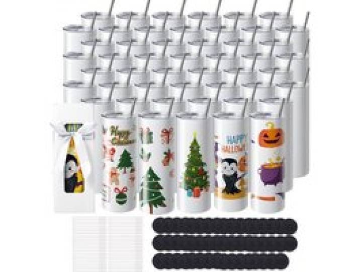 VEVOR 50er-Pack gerade Sublimationsbecher, 591,5 ml Blanko-Becher, Edelstahl-Doppelwandbecher mit Strohhalm, Deckel, Bürste, Boden, Schrumpffolie, Geschenkbox, für Wärmepresse & Wärmeübertragung