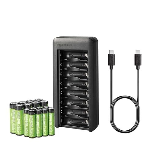 Amazon Basics Oplaadbare Batterijset met Oplader: 8x AAA 800 mAh en 8x AA 2000 mAh, NiMH, USB-C
