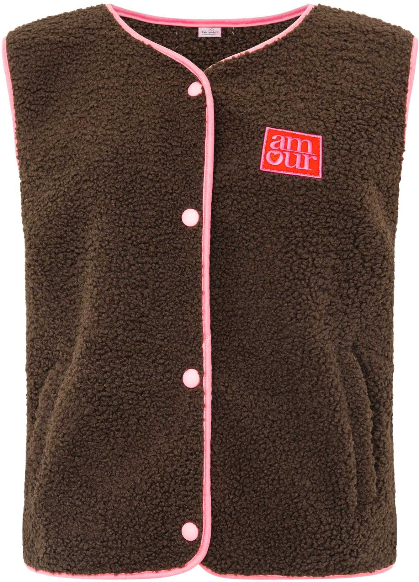 Plüschweste ZWILLINGSHERZ "Patch", Damen, Gr. S, braun, Obermaterial: 100% Polyester, Westen Plüschweste, ärmellos, pink eingefasste Kanten, Druckknöpfe, Patch