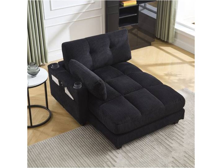 ROVRYN Fauteuil relax 1 place noir velours côtelé avec porte-gobelets poche latérale USB têtière réglable
