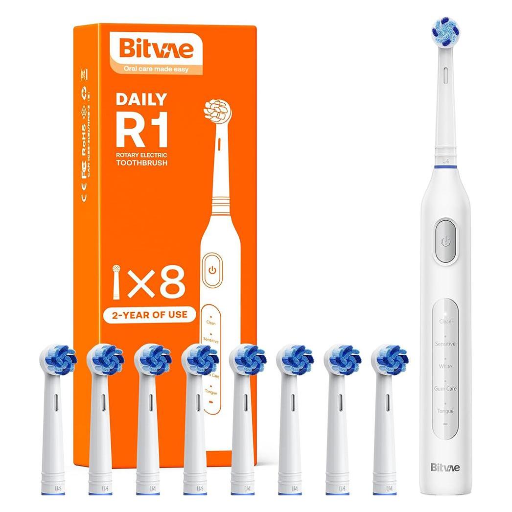 Bitvae - Electric Toothbrush (BVR1) - with 8 Heads - White (BIT-R1-WH)