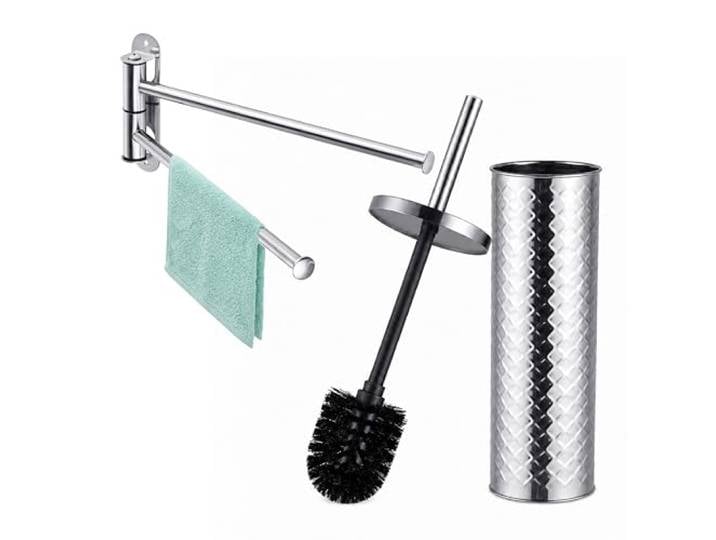 Relaxdays set salle de bains\, 2 pièces\, brosse WC\, argenté porte-serviettes à 2 barres pivotantes\, accessoires