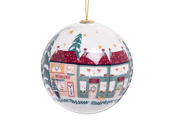 Weihnachtskugel aus Papier mit buntem Hausmotiv
