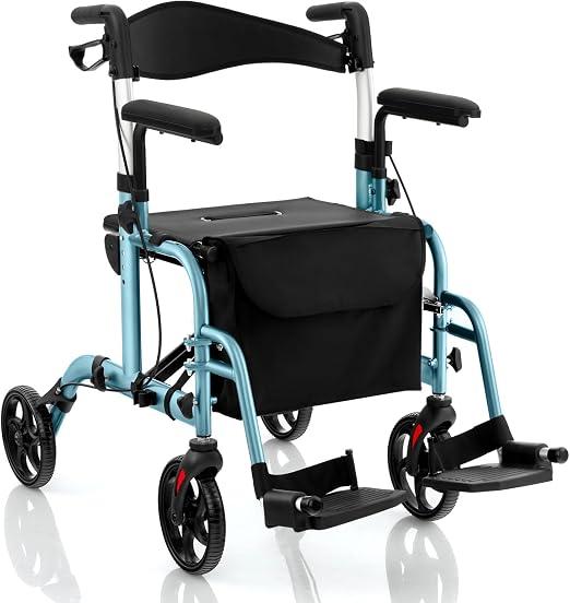 Rollator faltbar & leicht, 2 in 1 Rollstuhl & Reiserollator mit Sitz, Gehhilfe mit Tasche & Doppelten Bremsen & Stockhalter, Gehwagen 6-fach Höhenverstellbar für Senioren (Blau)