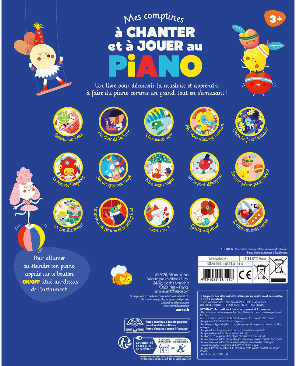 Mon livre piano : Mes comptines à chanter et à jouer au piano - Auzou