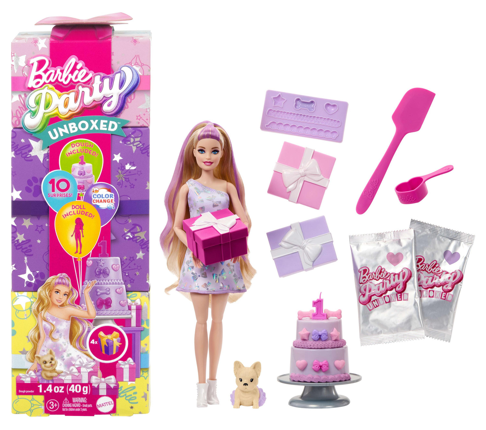 Mattel Barbie Party Unboxed Huisdier Verjaardagscollectie met paars jurkje