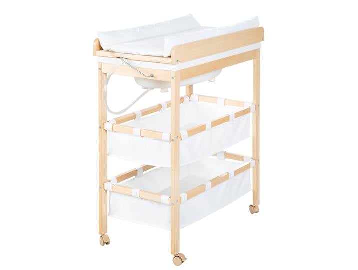 Bade-Wickel-Kombi 'Baby Pool', klappbarer Tisch mit Wanne, Holz natur, Wickelauflage weiß
