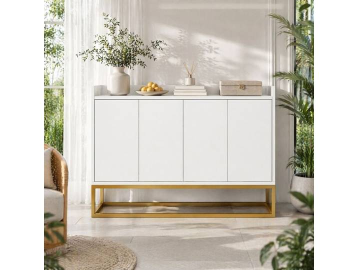 Buffet 4 portes sans poignée avec 2 étagères réglables cadre métallique pour salon et cuisine blanc - UVRION