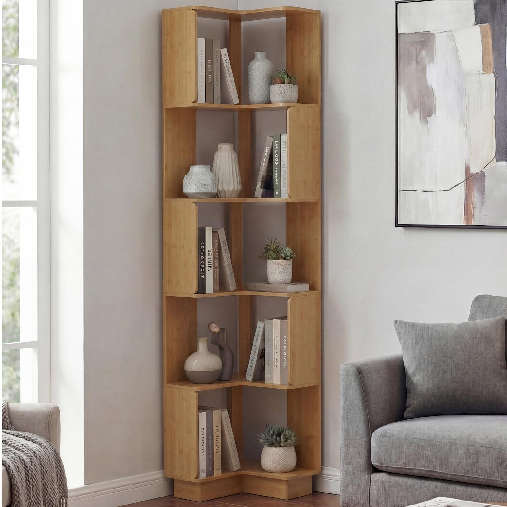 Eck-Bücherregal MCW-P53, Eckregal Standregal Wohnregal, 5 Ebenen MDF Melamin 175x40x40cm ~ Bambus-Optik