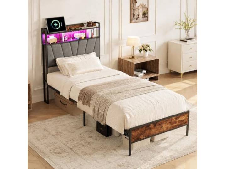 Einzelbett 90x200 cm mit LED, Kinderbett mit Lattenrost, Kopfteil und Regal Integrierte Ablage, stabile Metallkonstruktion, Holzoptik-Elemente und platzsparendes Design für kleine Räume
