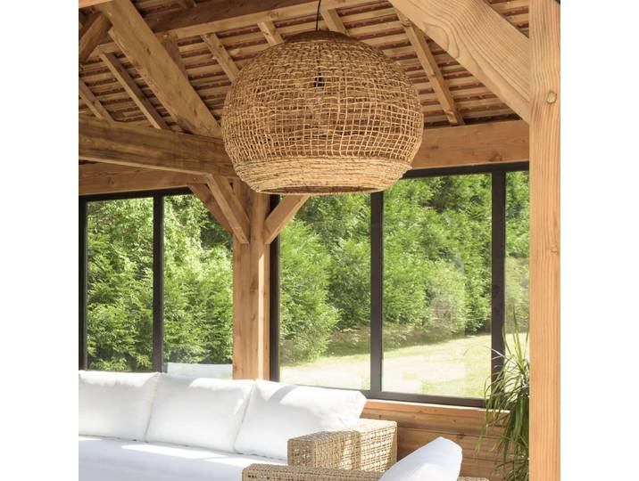 Suspension ''boule'' 83x83cm en abaca couleur naturelle et teck