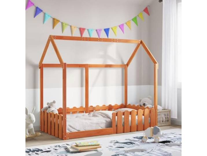 Massives Kiefernholz Hausbett verspieltes Design 80x160 cm Braun Kinderbett Hausbett Wachsbraun 80x160 cm Massivholz Kiefer mit Rausfallschutz, Niedriges Bodenbett Hausförmiges Design für