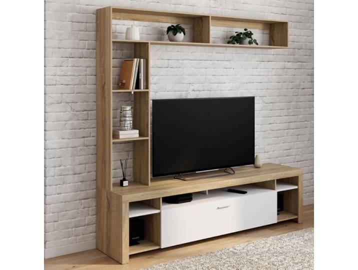 ID MARKET ensemble meuble tv MALO 1 porte 170 cm bois clair avec étagères murales