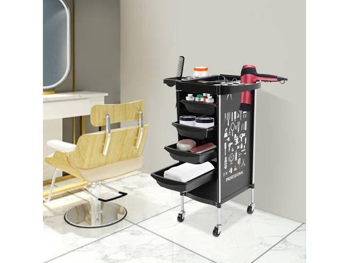Chariot de beauté pour coiffeur, outil de salon de coiffure avec roues et 4 égouts de proximité à nervures, noir