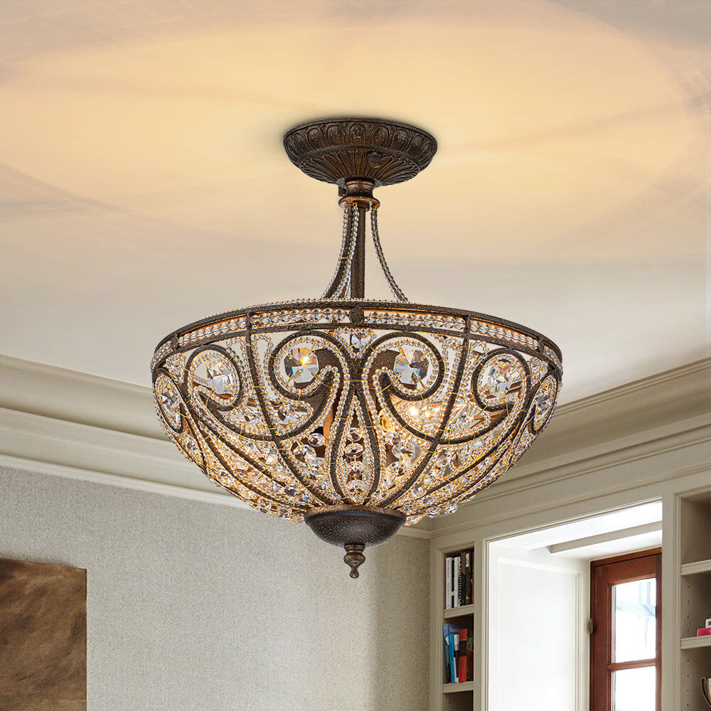 Mercer41 3-Light Drum Crystal Semi Flush Mount Bronze 37cm H X 33cm W X 33cm D