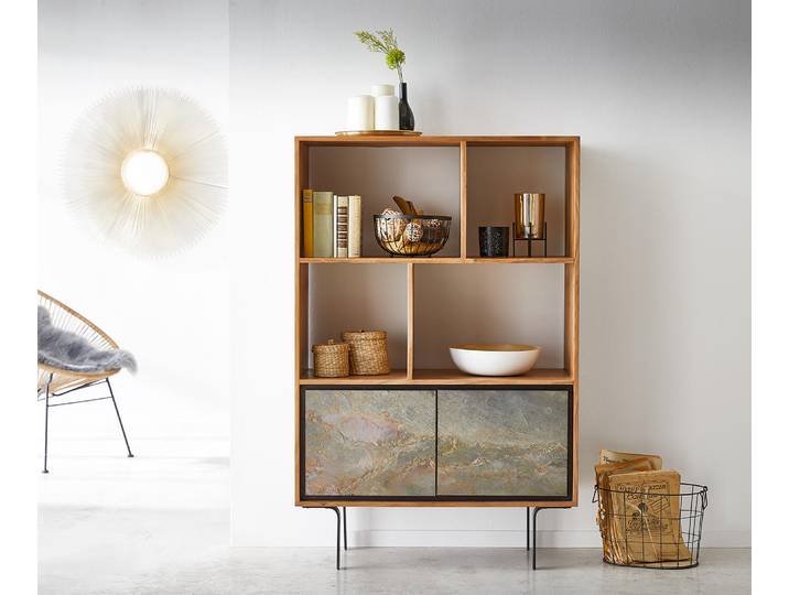 DELIFE Highboard Juwelo 88x135 cm Akazie Natur mit Steinfurnier