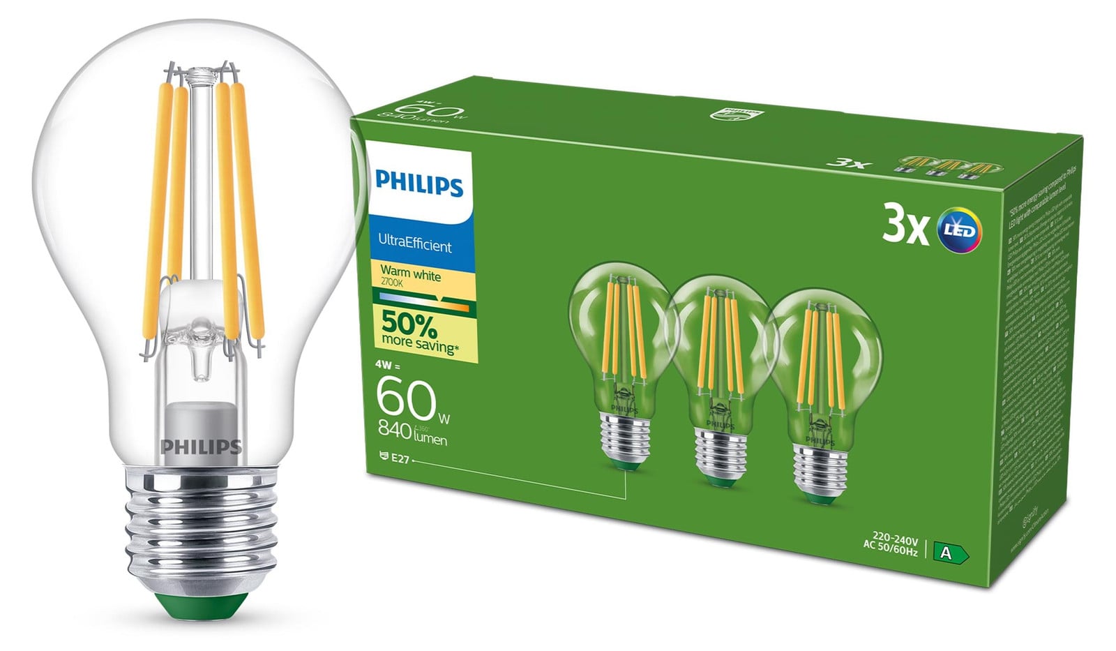 Philips LED Lamp 4W E27 Warm wit 840 lumen (60W equivalent)