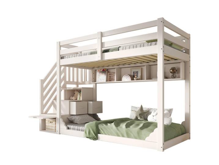Modfu Hochbett aus Holz 90x200 cm in Weiß mit Treppenschrank & Stauraum, 90x200 cm, Babymöbel & Kindermöbel, Kinderzimmer & Jugendzimmer, Kinderbetten, Hochbetten