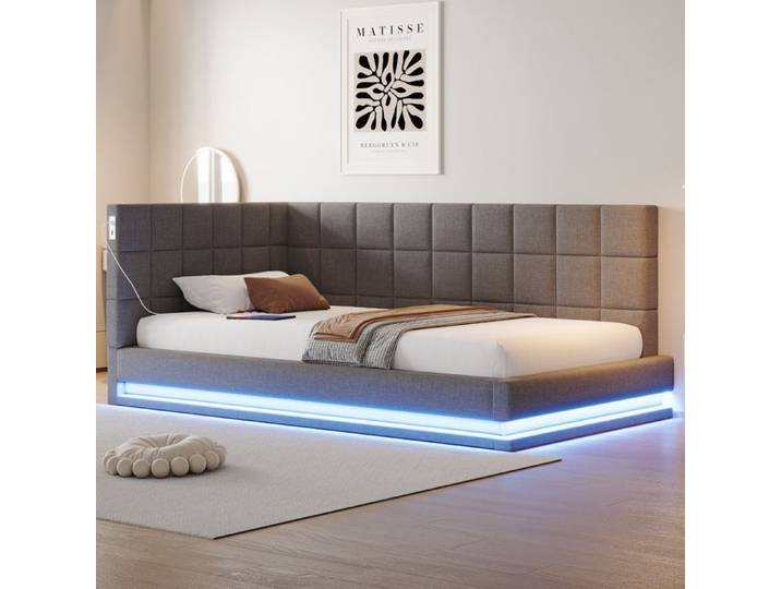Lit banquette 90x200 cm avec LED et USB - Gris