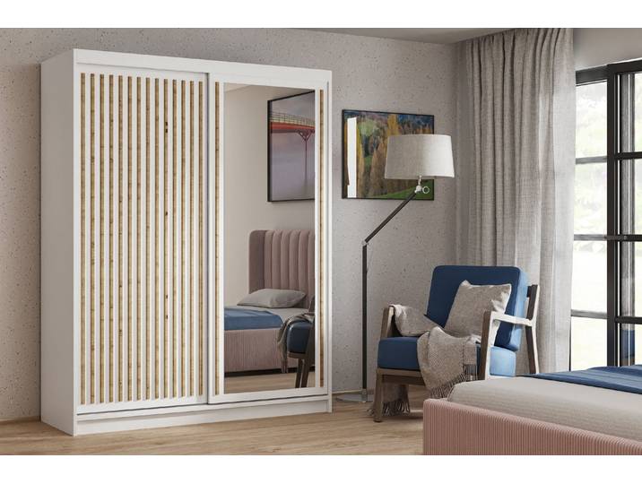 Masseno Schiebetürenschrank LINARI 160/205/60cm 2-türig mit Spiegel Weiß