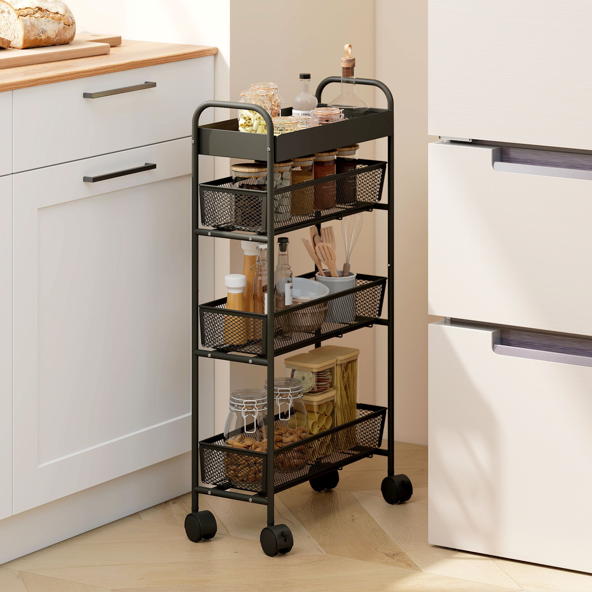 Homcom Carrello portaoggetti a 4 livelli su ruote con 3 cestini estraibili, 19x43,2x80 cm, nero   Aosom Italy