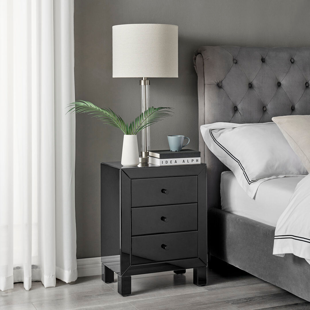 Latitude Run Mackynsie Mirrored Bedside Cabinet With 3 Drawers - Modern Luxury Bedside Table Nightstand Black 60cm H X 45cm W X 30cm D