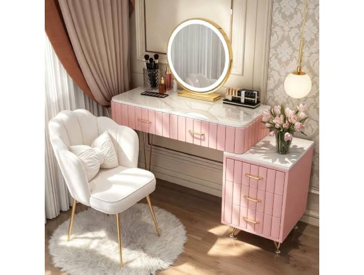 ANHFYS Hochwertiger Schminktisch im Luxus-Stil, Sinterplatte in Marmoroptik, Samtige Fronten, Vergoldete Griffe, Schnell aufgebaut durch Vormontage,Rosa + Stuhl