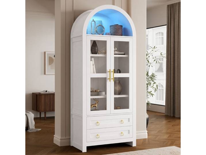 Vitrine en Verre Arquée 180cm Vitrine pour Collection Armoire Haute avec LED 2 Portes et 2 Tiroirs Meuble de Rangement Blanc