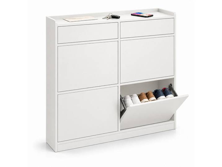 Relaxdays Schuhkipper Weiß MDF 4 Kippfächer, Holzwerkstoff, 98x95x19 cm, Garderobe, Schuhaufbewahrung, Schuhkipper