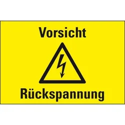 Aufkleber I Warn-Kombischild Vorsicht! Rückspannung, RoHS konform, Folie, selbstklebend, 200x120mm