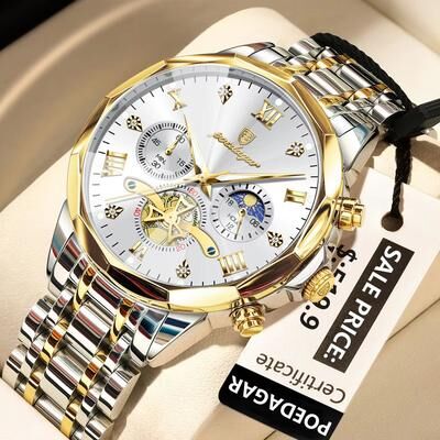 Inspired Finds POEDAGAR Luxury Men's Watch Waterproof Stainless Steel Chronograph Quartz Wristwatch With Luminous Display 938 Gold Gold White