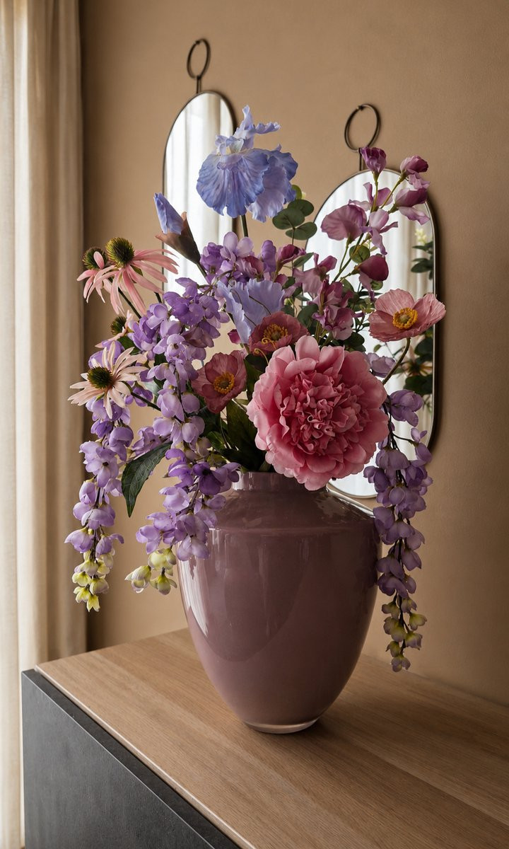 Onderhoudsvrij paars kunstbloemen boeket van zijde