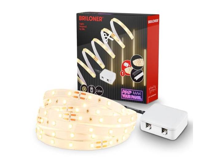 BRILONER - Pimp your Panel LED Strip Starterset, Warmweiß, Kabelschalter, Streifen, Leiste, Zimmer Deko, Band, Zubehör Akustikpaneele, Lichtleiste, Lichtband, 2,6m, Weiß