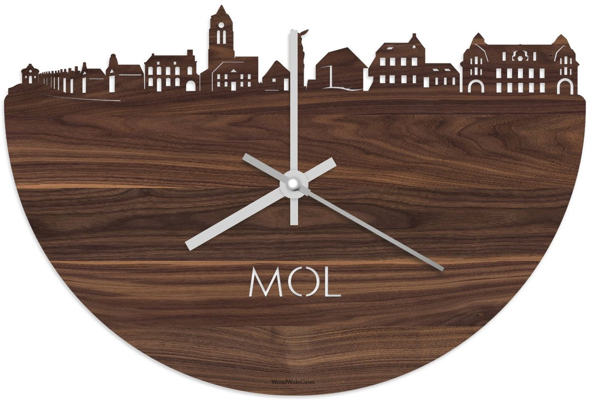 WoodWideCities Skyline Klok Mol Notenhout - Ø 40 cm - Wanddecoratie met stil uurwerk