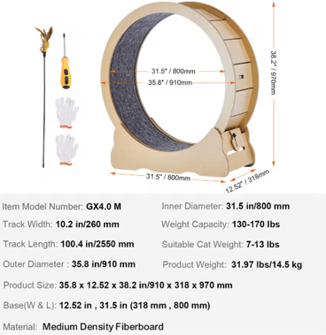 Inspire Picks Large Wooden Cat Exercise Wheel With Detachable Carpet & Teaser Toy 35.8inch