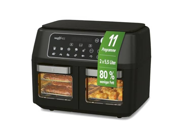 MAXXMEE Heißluft-Fritteuse Doppelkammer 11 Liter Clevere Kombination aus Heißluftofen, Grill & Fritteuse mit 2 XXL-Frittierfächern mit je 5,5 Litern Digitales Bedienfeld und Sichtfenster
