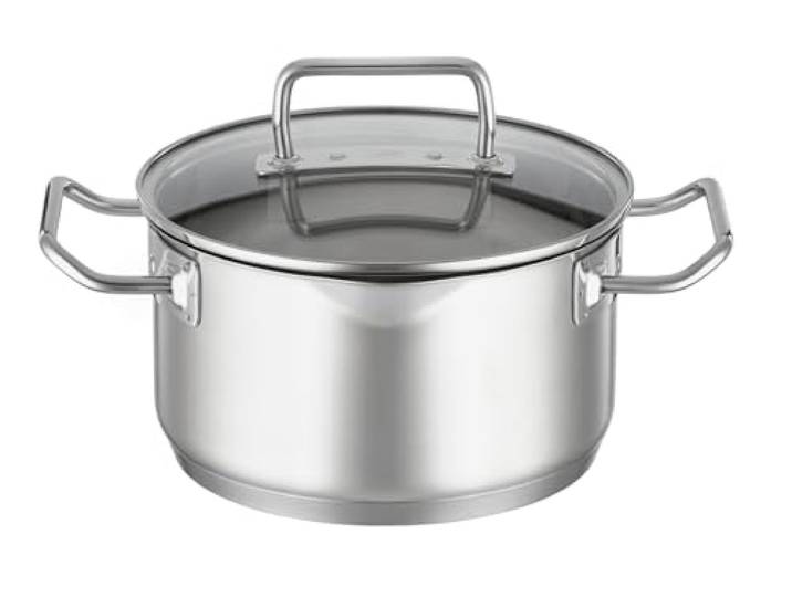 RÖSLE EXPERTISO Schmortopf, Universal-Garbehälter aus Edelstahl 18/10, 20 cm, Glasdeckel, Innenskalierung, induktionsgeeignet, spülmaschinengeeignet, Silber, Silberfarben